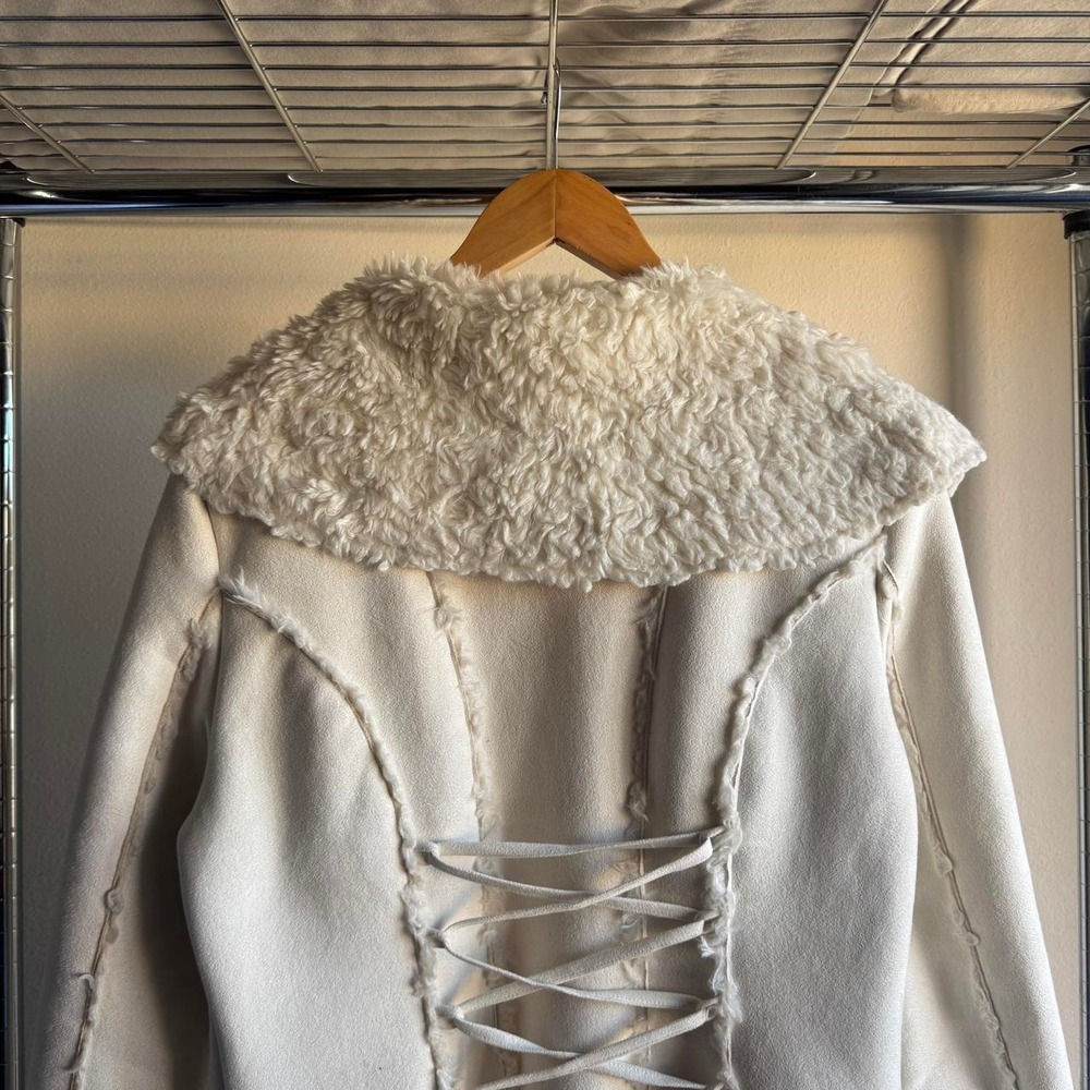 Bebe Cream Faux Shearling Penny Lane Afghan Coat Y2K Boho Corset Back Large - Picture 7 of 8